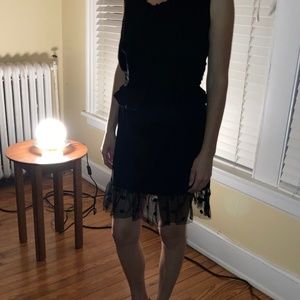 Black Pencil Skirt with Frilled Mesh Polka-Dotted Velvet Trim